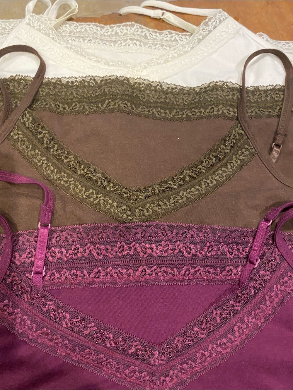 Lace Trim Camisole Tank Trio - Brown, Plum, White